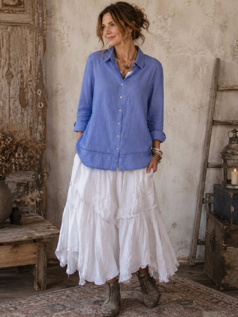 Soft Surroundings Linen Shirt Womens PM Blue Button Up Relaxed Lagenlook Tunic